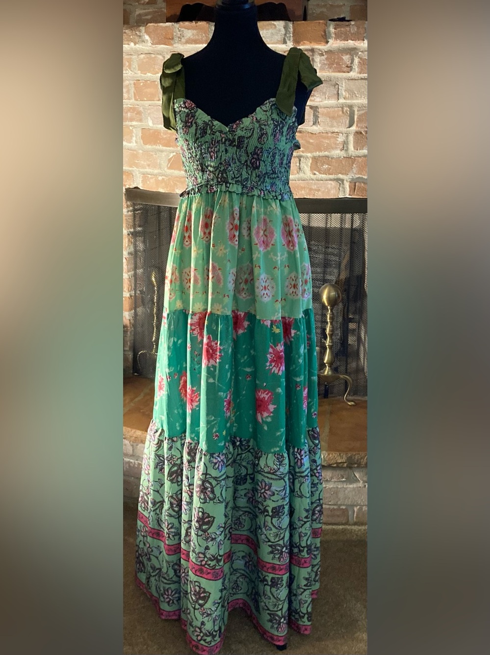 Green Floral Tiered Maxi Dress Bohemian Print